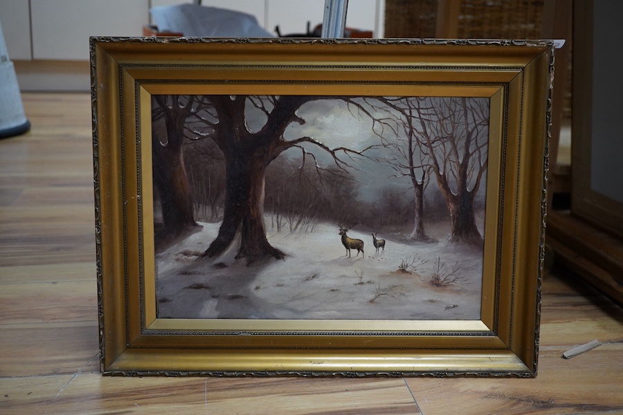 H E Austin, oil on canvas, Snowy winter landscape with two deer, signed, 27 x 40cm. Condition - good